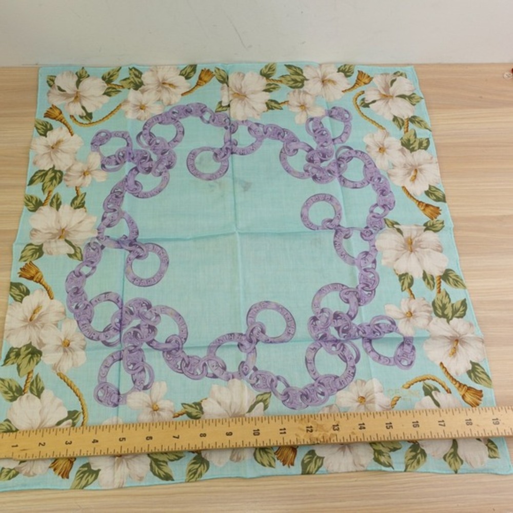 90s VTG CELINE Paris Handkerchief Blue Hibiscus Chain Link Scarf AUTH Luxe 20x19 - Picture 4 of 13